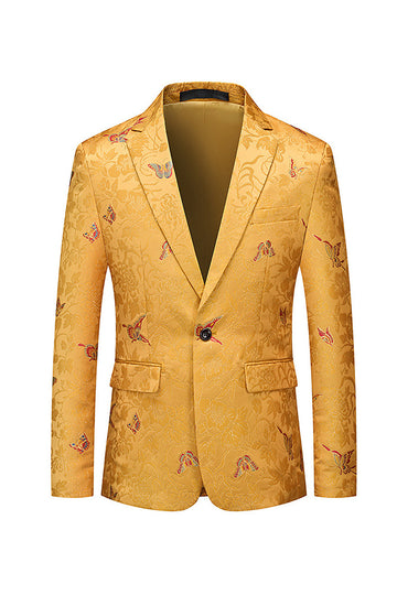 Yellow Notched Lapel Floral One Button Men's Formal Blazer